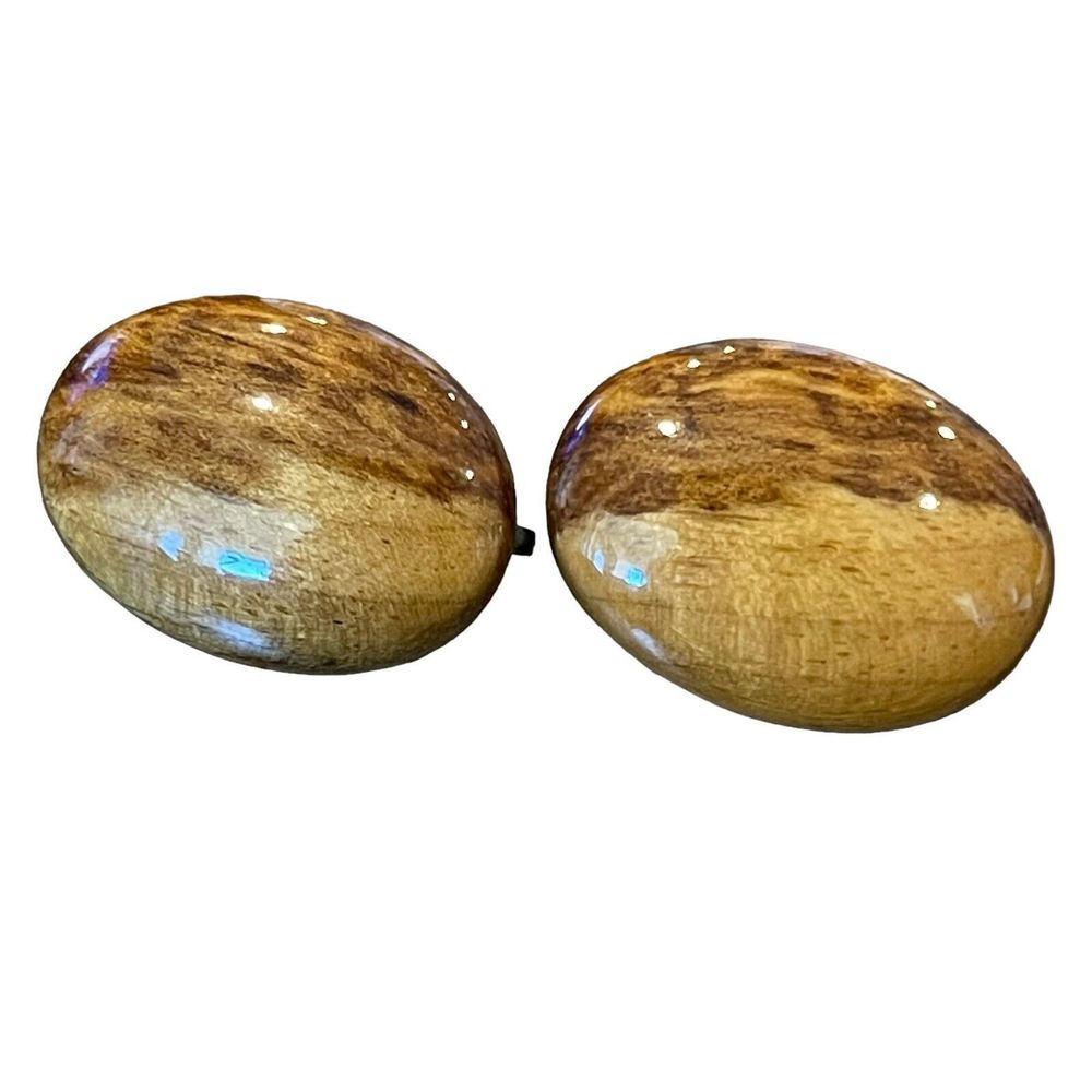 Vintage Laquered Wood Oval Shaped Women’s Clip On Earrings Unique 70’s